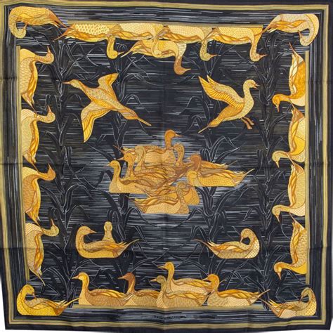 foulard hermes canards|Hermes black LA MARE AUX CANARDS 90 silk twill Scarf .